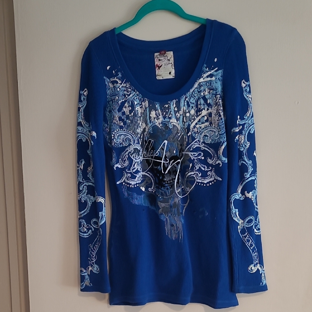 Ruthless Art Blue Graphic Long Sleeve Tee with Embellishments
